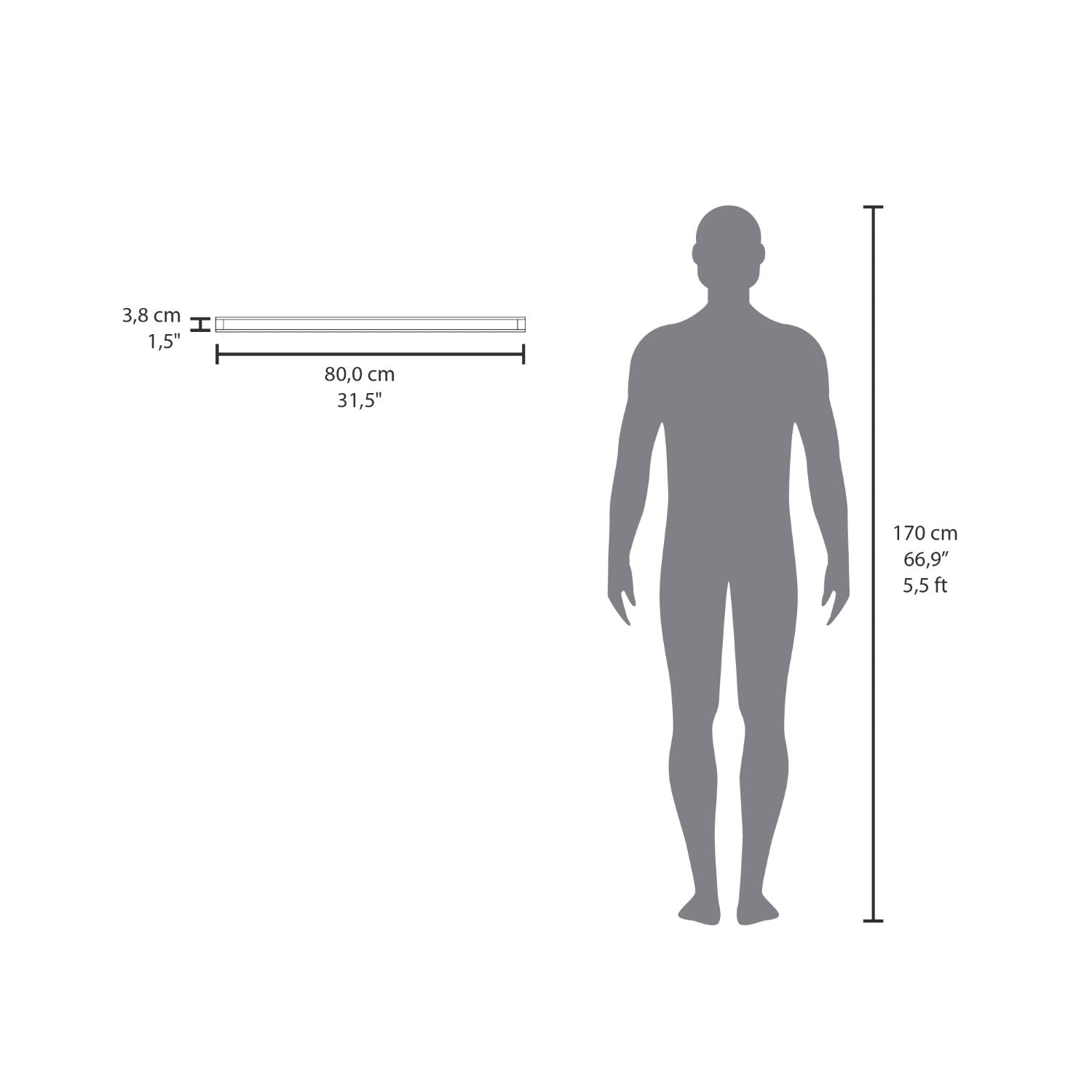 3,8 cm  
1,5"  

80,0 cm  
31,5"  

170 cm  
66,9"  
5,5 ft