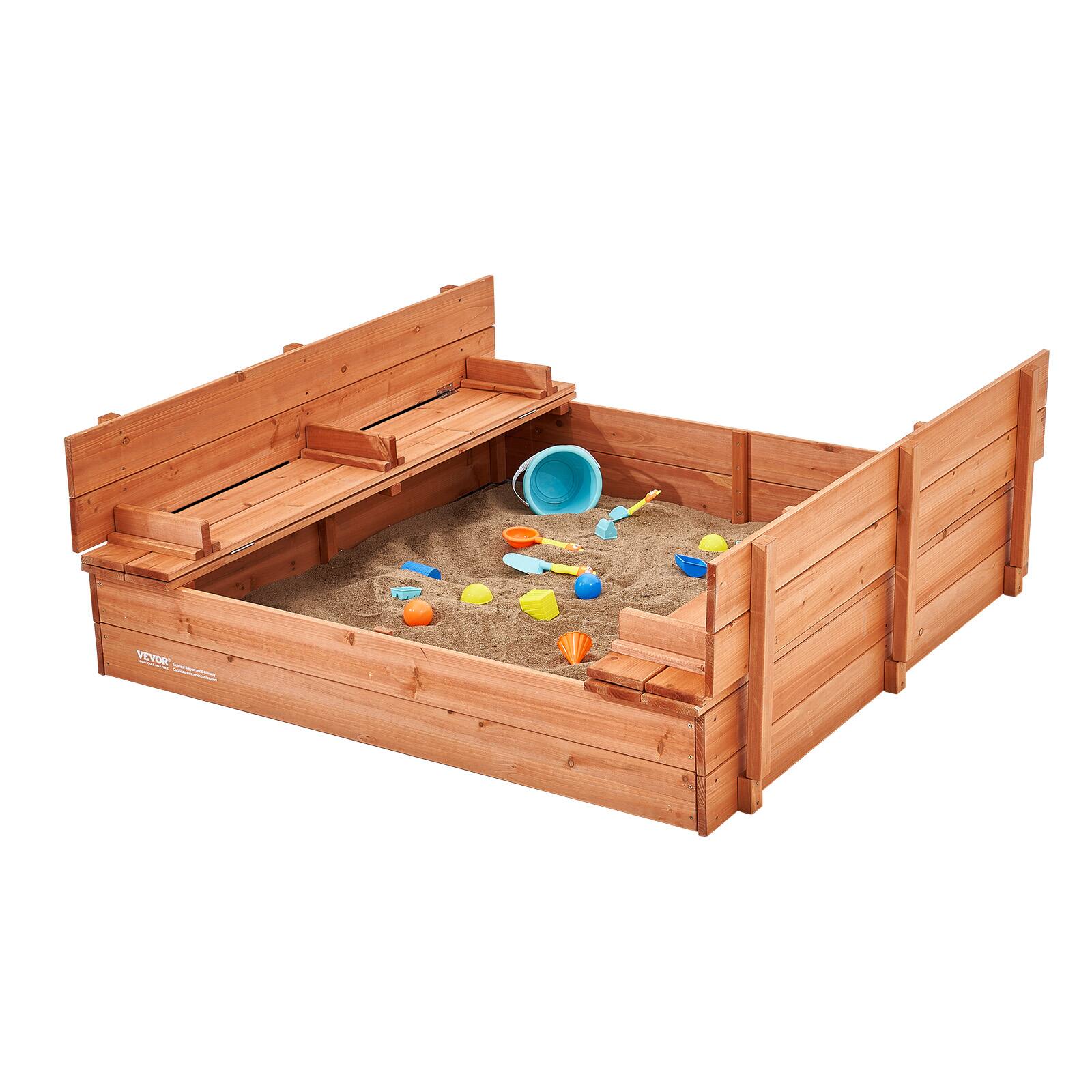 Alt View 5. VEVOR - Wooden Sandbox, 52.4 x 47.2 x 16.9 in Sand Box, Sand Pit with Foldable Bench Seats and Bottom Liner - Bright orange-red.