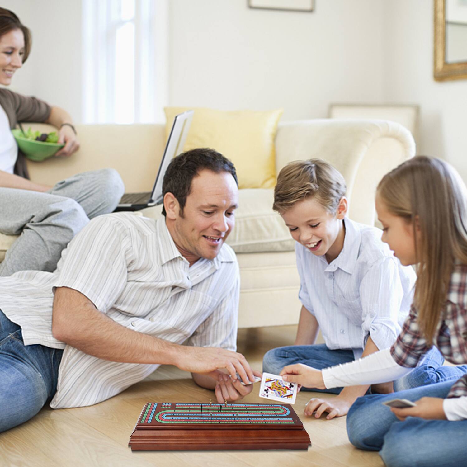 Alt View 3. GSE Games & Sports Expert - Multi Color 3-Track Wooden Cribbage Board Box with 2 Deck Playing Cards, 9 Metal Pegs and Drawer.