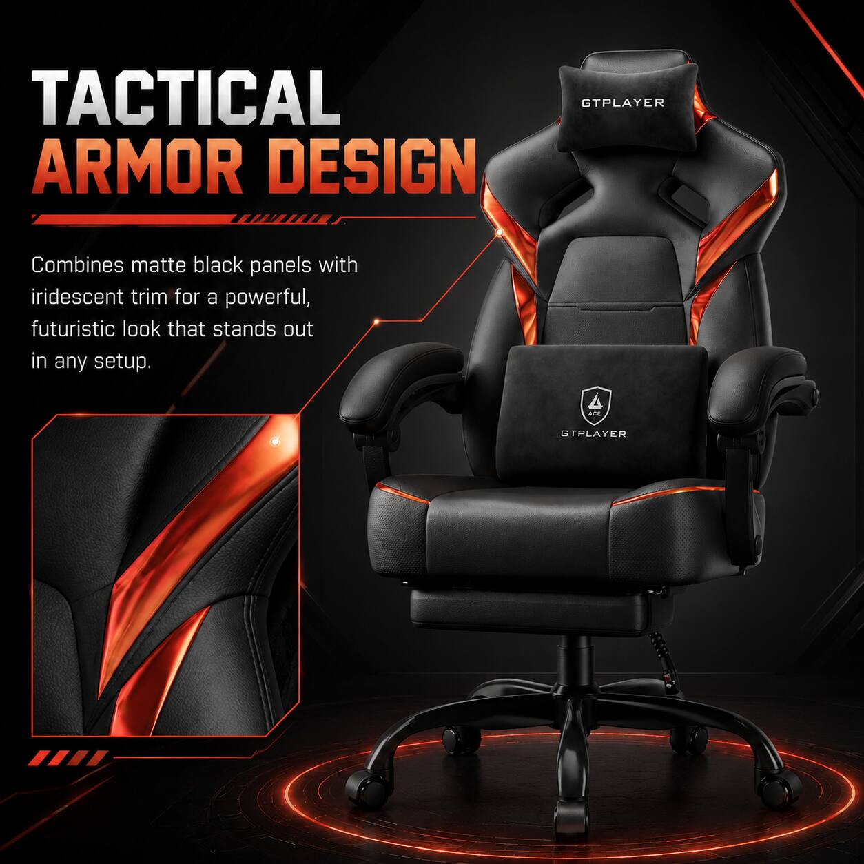 TACTICAL ARMOR DESIGN GTPLAYER Combines matte black panels with iridescent trim for a powerful, futuristic look that stands out in any setup.