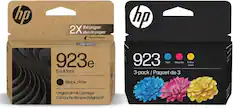 hp the pages 2X plus de pages* Scan / Balayez
923e EvoMore
Black / Noir
Original HP Ink Cartridge
Cartouche d'encre d'origine HP
923
Cyan Magenta Yellow Jaune
3-pack / Paquet de 3