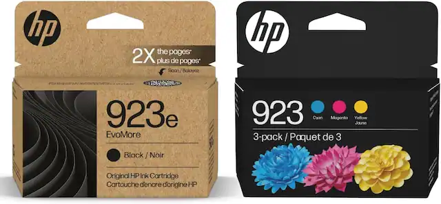 hp the pages 2X plus de pages* Scan / Balayez
923e EvoMore
Black / Noir
Original HP Ink Cartridge
Cartouche d'encre d'origine HP
923
Cyan Magenta Yellow Jaune
3-pack / Paquet de 3