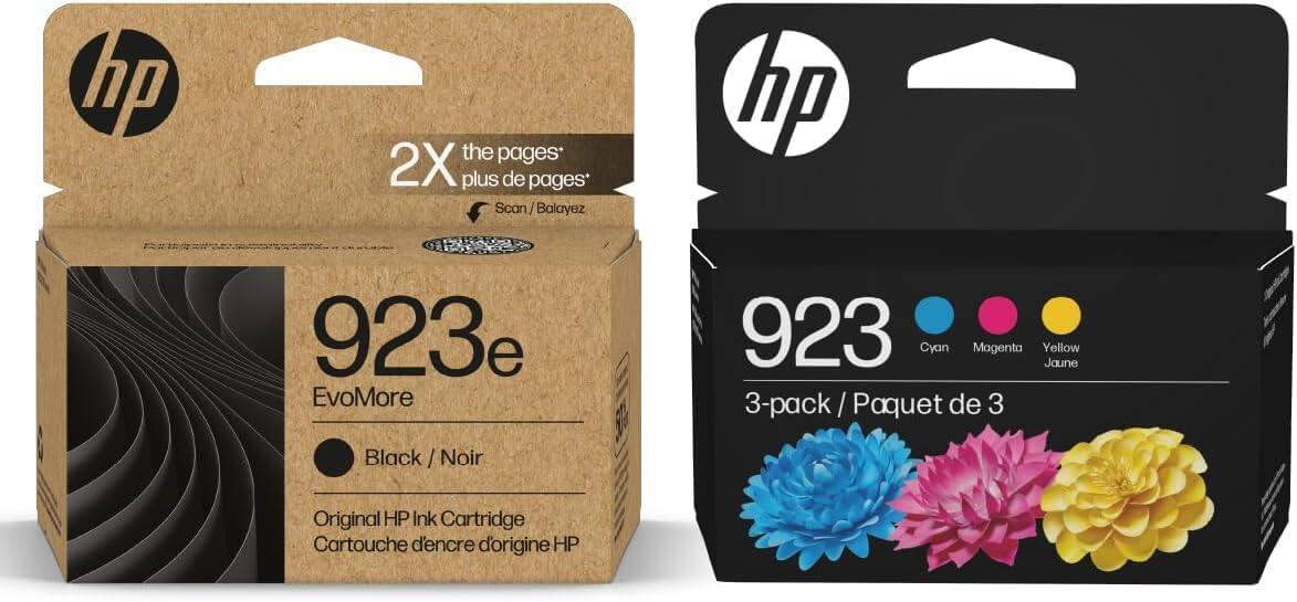 hp the pages 2X plus de pages* Scan / Balayez

923e EvoMore
Black / Noir
Original HP Ink Cartridge
Cartouche d'encre d'origine HP

923
Cyan Magenta Yellow Jaune
3-pack / Paquet de 3