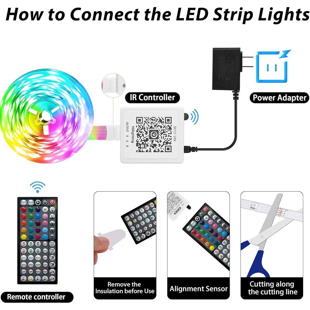 How to Connect the LED Strip Lights

- IR Controller
- Power Adapter
- Remote controller
- Remove the Insulation before Use
- Alignment Sensor
- Cutting along the cutting line
