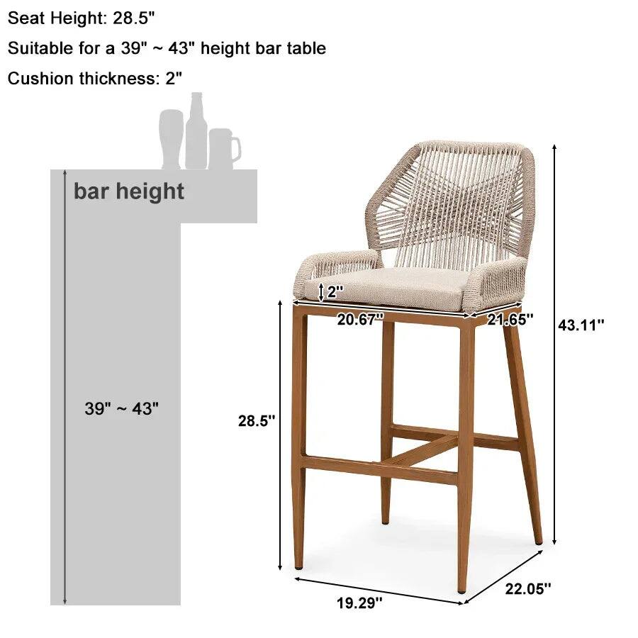 Sure, here is the corrected and grouped text:

---

**Seat Height:** 28.5"

**Suitable for a 39" ~ 43" height bar table**

**Cushion thickness:** 2"

---

**Dimensions:**

- **Bar height:** 39" ~ 43"
- **Seat height:** 28.5"
- **Cushion thickness:** 2"
- **Width:** 20.67"
- **Depth:** 21.65"
- **Overall height:** 43.11"
- **Width of base:** 19.29"
- **Depth of base:** 22.05"

---