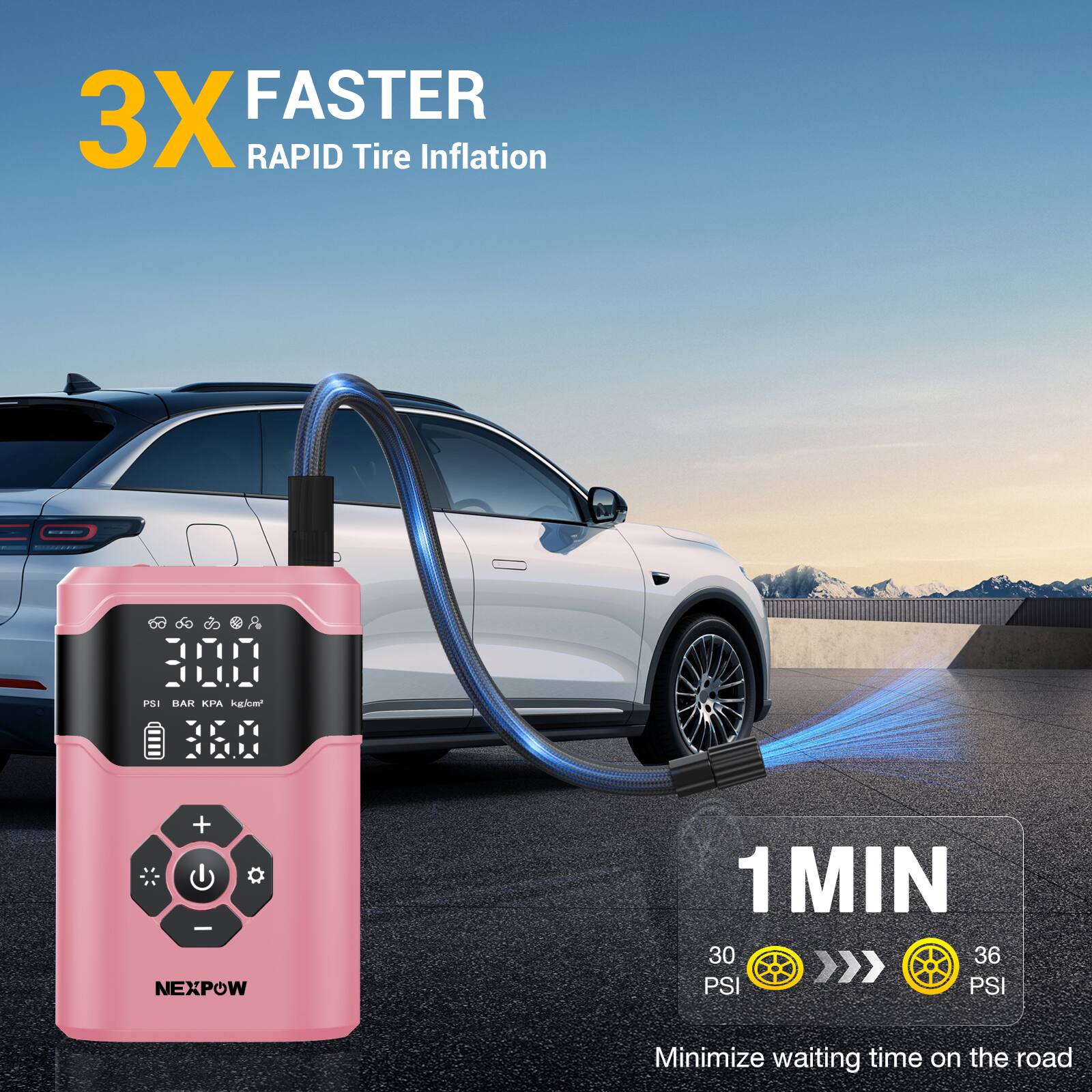 3X FASTER RAPID Tire Inflation

200 PSI / 14.5 BAR / 2070 KPA

NEXPOW

1 MIN

30 PSI >>> 36 PSI

Minimize waiting time on the road