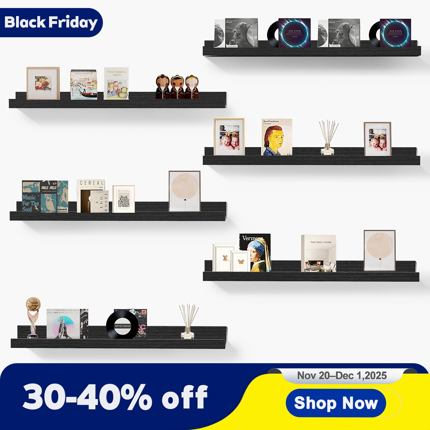 Mifurn - 6 Pack 36 in Picture Ledge Floating Shelves, Wooden Wall Shelves for Nursery, Living Room & Bedroom Decor Display - Black