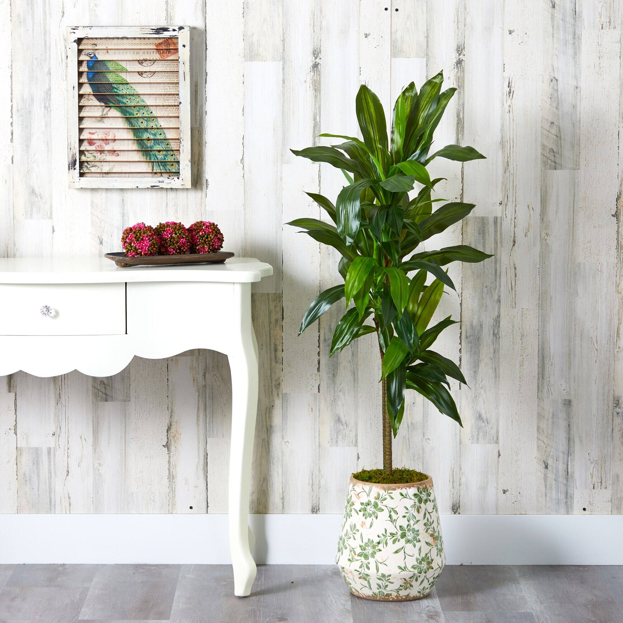 Left. BreeBe - 4' Dracaena Plant in Flower Print Planter (Real Touch) - Green.