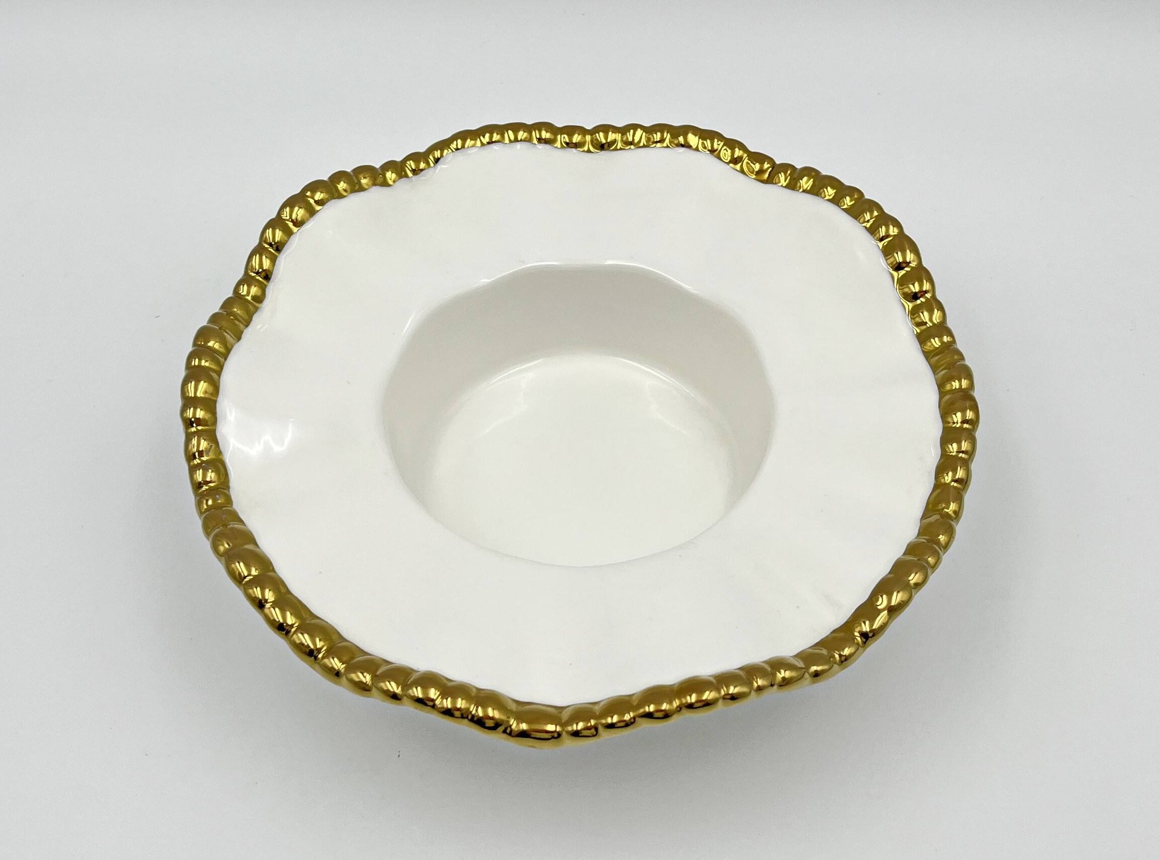 Front. Jiallo - 7" Contemporary Gold Bead Bowl – Modern Decorative Serving Bowl with Beaded Rim - White.