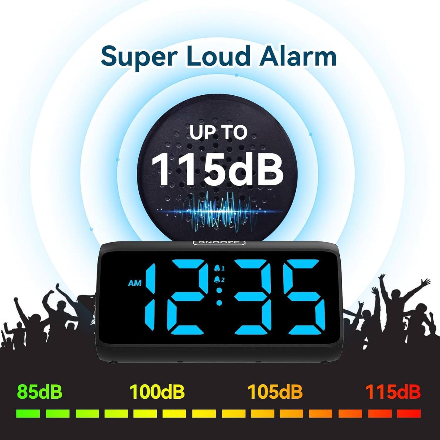 Super Loud Alarm  
UP TO 115dB  

12:35 AM  

85dB 100dB 105dB 115dB