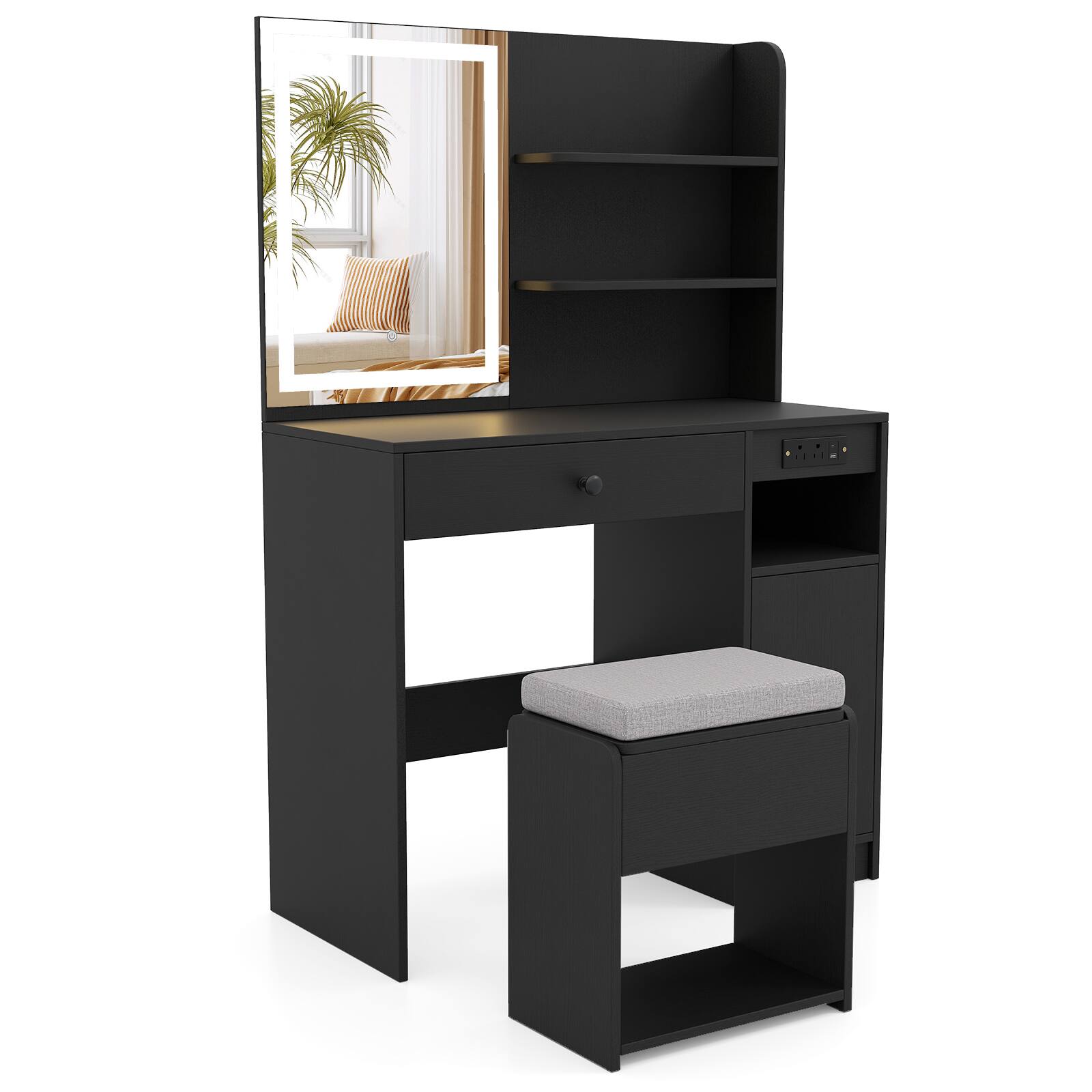 Alt View 1. Costway - Costway Vanity Desk Set with Mirror & Lights Power Outlet Cushioned Stool Drawer & Shelves Black - Black.
