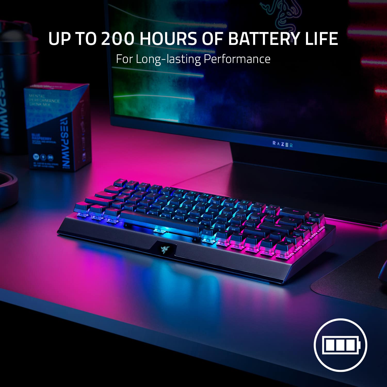 The text on the image reads: "Up to 200 hours of battery life for long-lasting performance."
