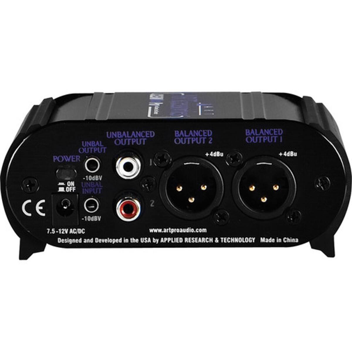 UNBALANCED OUTPUT  
BALANCED OUTPUT 1 +4dBu  
BALANCED OUTPUT 2 +4dBu  
POWER  
UNBAL INPUT -10dBV  
ON/OFF  
-10dBV  
7.5-12V AC/DC  
www.artproaudio.com  
Designed and Developed in the USA by APPLIED RESEARCH & TECHNOLOGY  
Made in China