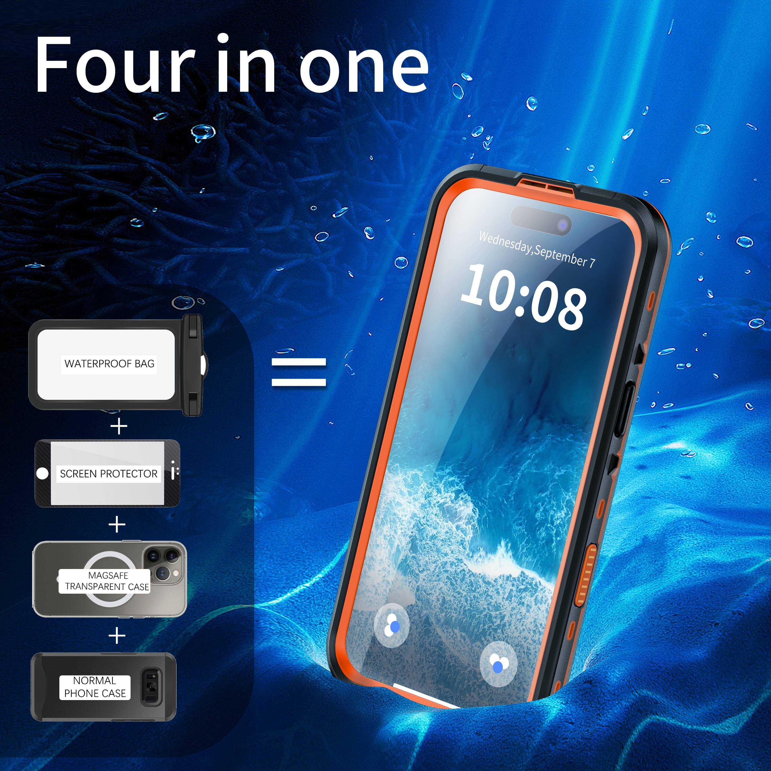 Four in one

WATERPROOF BAG

SCREEN PROTECTOR

MAGSAFE TRANSPARENT CASE

NORMAL PHONE CASE