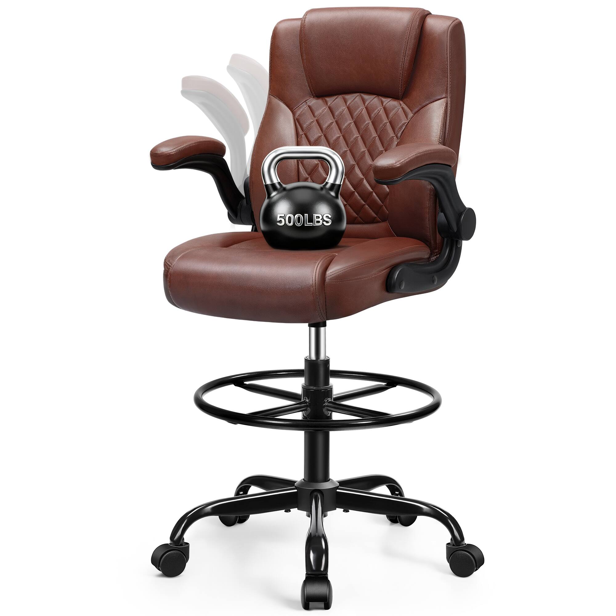 Angle. Brick Attic - Executive Tall Drafting Chair, Ergonomic Leather Office Chair with   Flip-Up Armrest, Adjustable Height Desk Chair - Dark Brown.