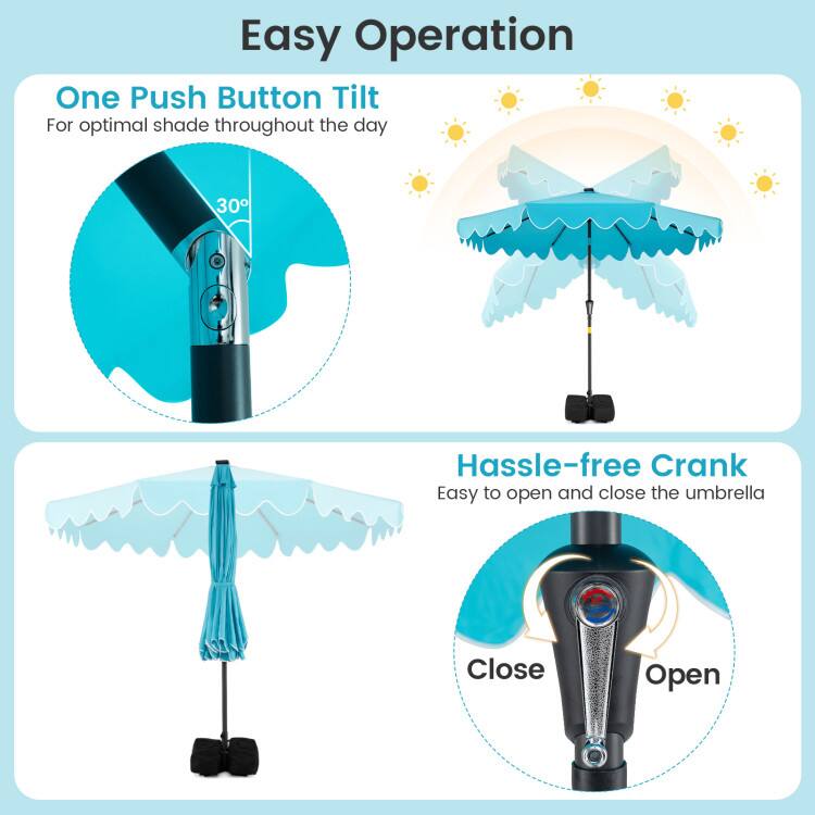 Easy Operation

One Push Button Tilt  
For optimal shade throughout the day

Hassle-free Crank  
Easy to open and close the umbrella

Close  
Open