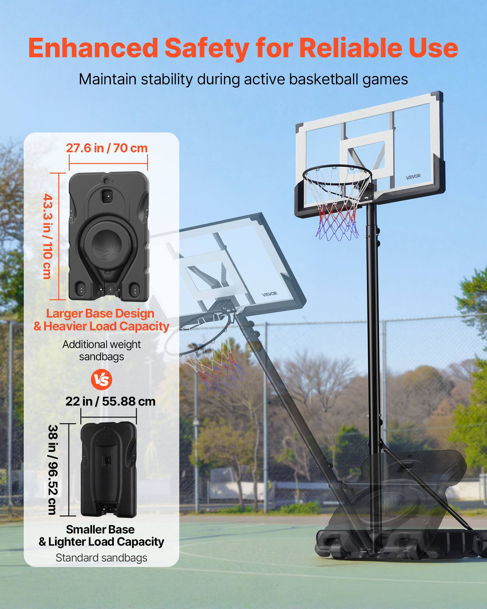 Enhanced Safety for Reliable Use  
Maintain stability during active basketball games  

27.6 in / 70 cm  
43.3 in / 110 cm  

Larger Base Design & Heavier Load Capacity  
Additional weight sandbags  

VS  

22 in / 55.88 cm  
38 in / 96.52 cm  

Smaller Base & Lighter Load Capacity  
Standard sandbags