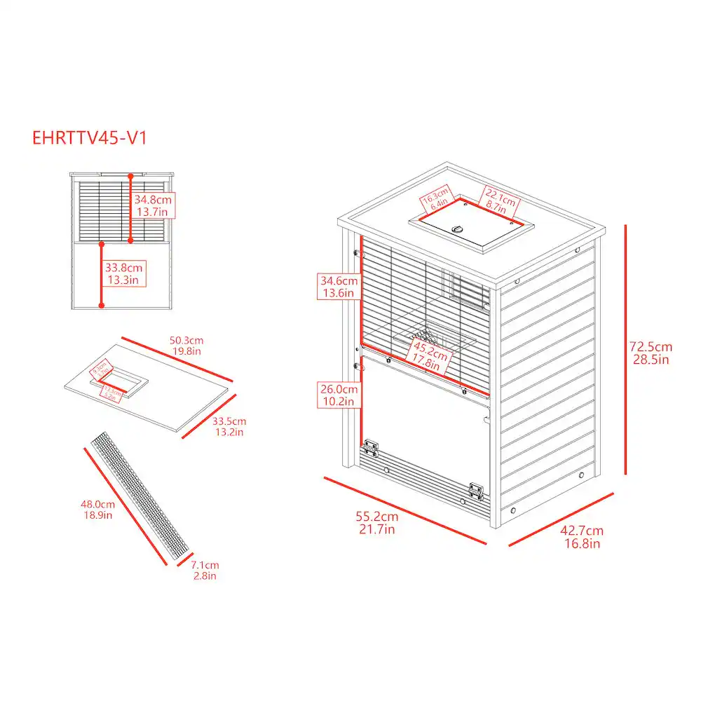 EHRTTV45-V1

- 34.8cm 13.7in
- 33.8cm 13.3in
- 50.3cm 19.8in
- 34.6cm 13.6in
- 26.0cm 10.2in
- 72.5cm 28.5in
- 33.5cm 13.2in
- 48.0cm 18.9in
- 55.2cm 21.7in
- 42.7cm 16.8in
- 7.1cm 2.8in
- 22.1cm 8.7in
- 16.3cm 6.4in