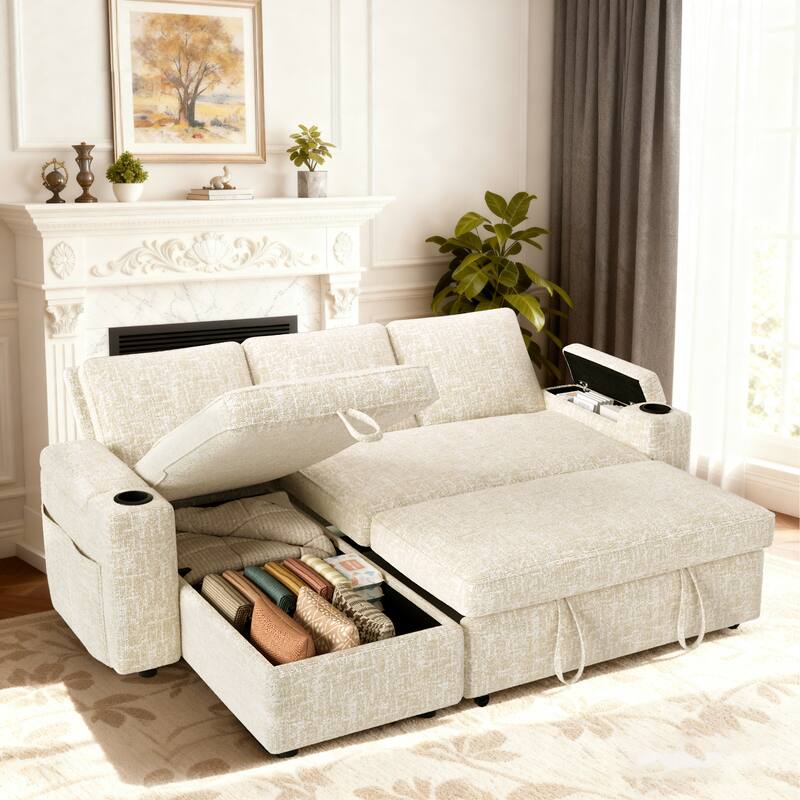 Alt View 5. Dyonery - Dyonery 81-inch convertible sofa, with built-in cup holders and storage compartments in the armrests, hidden drawers - Beige.