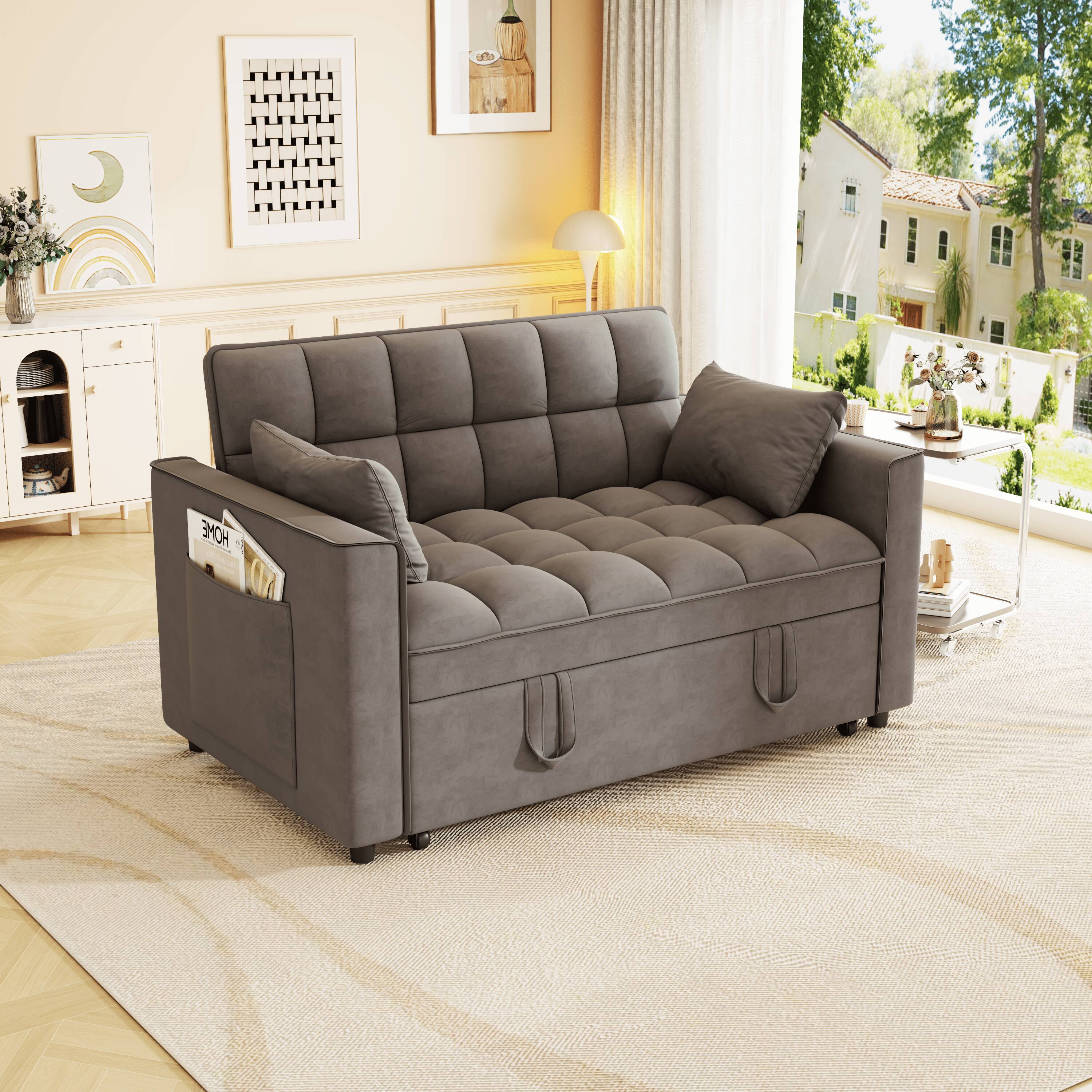 Angle. Anysun - Modern Velvet Convertible Sleeper Sofa Bed with Pull-Out Bed, Pillows & Side Pockets for Small Spaces - Gray.