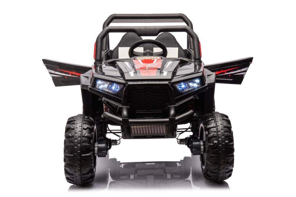 Angle. BreeBe - 12V Kids 4WD Electric Car with Leather Seat, RC, Lights, Music, Forward/Backward, Seat Belt, 2 Doors, Suspension - Black.
