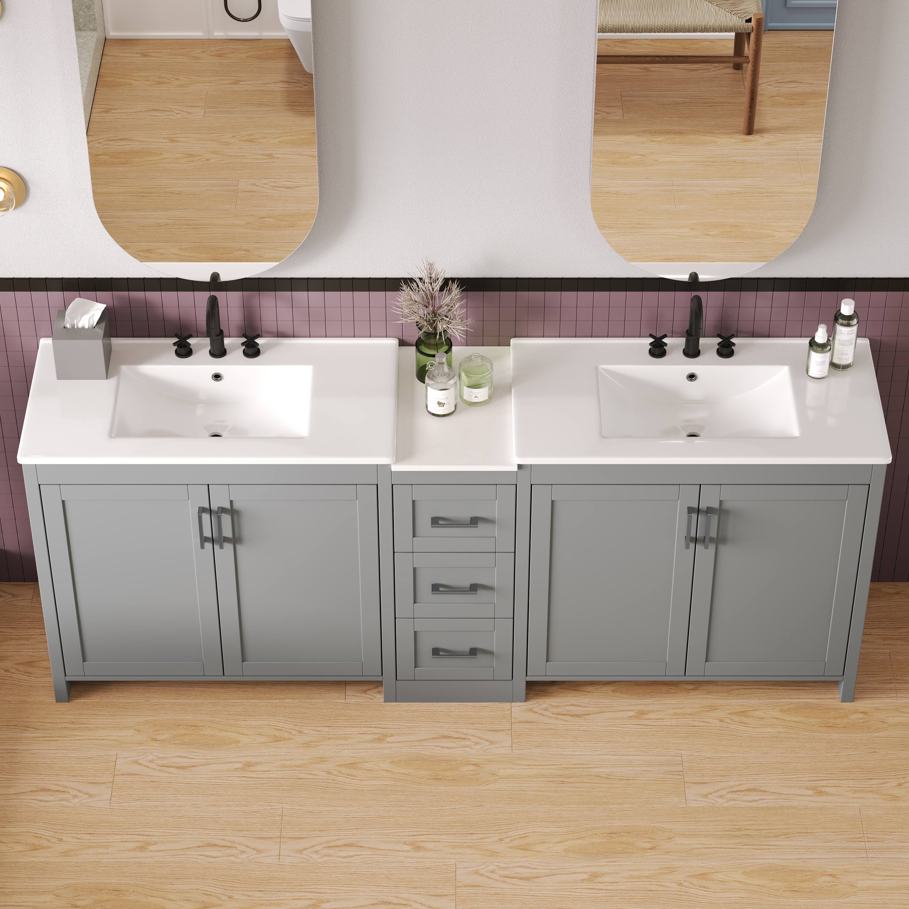 Back. Loheer - 7 ft Double Sink Bathroom Vanity with Quartz Top, Ceramic Basins, Soft Close Storage - Gray.