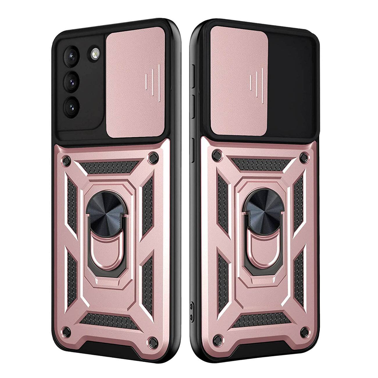 Front. Reiko - Samsung Galaxy S21 Rose Gold Case with Kickstand Ring, Slide Camera Cover, Shockproof TPU, Magnetic Mount - Rose Gold.