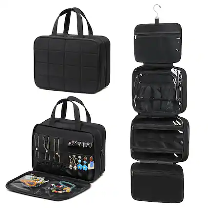 Front. Unique Bargains - Travel Hanging Toiletry Bag for Women, Puffy Makeup Bag with Jewelry Organizer, Waterproof Compartment - Black.