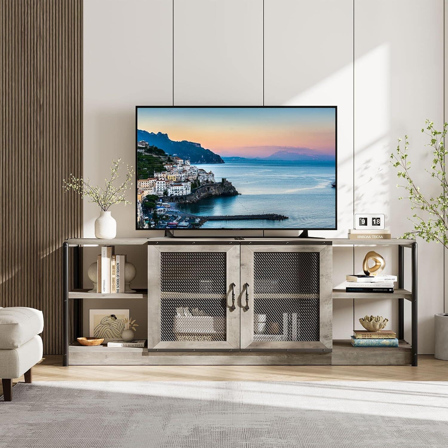 Acekool - 70" Farmhouse Style TV Console Table, TV Stand with Shelves, Grey - Gray