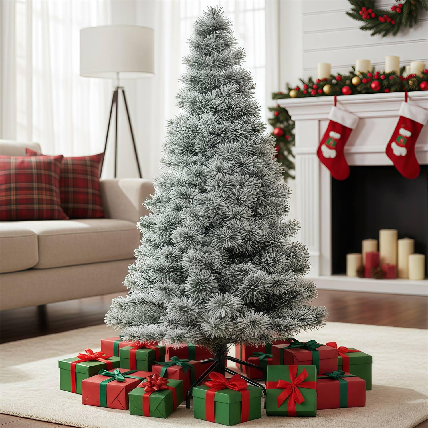 Angle. Sweet - 4.5ft Snow Flocked Spruce Artificial Christmas Tree with 450 Incandescent Warm White Lights, Foldable Stand - White Flocking.