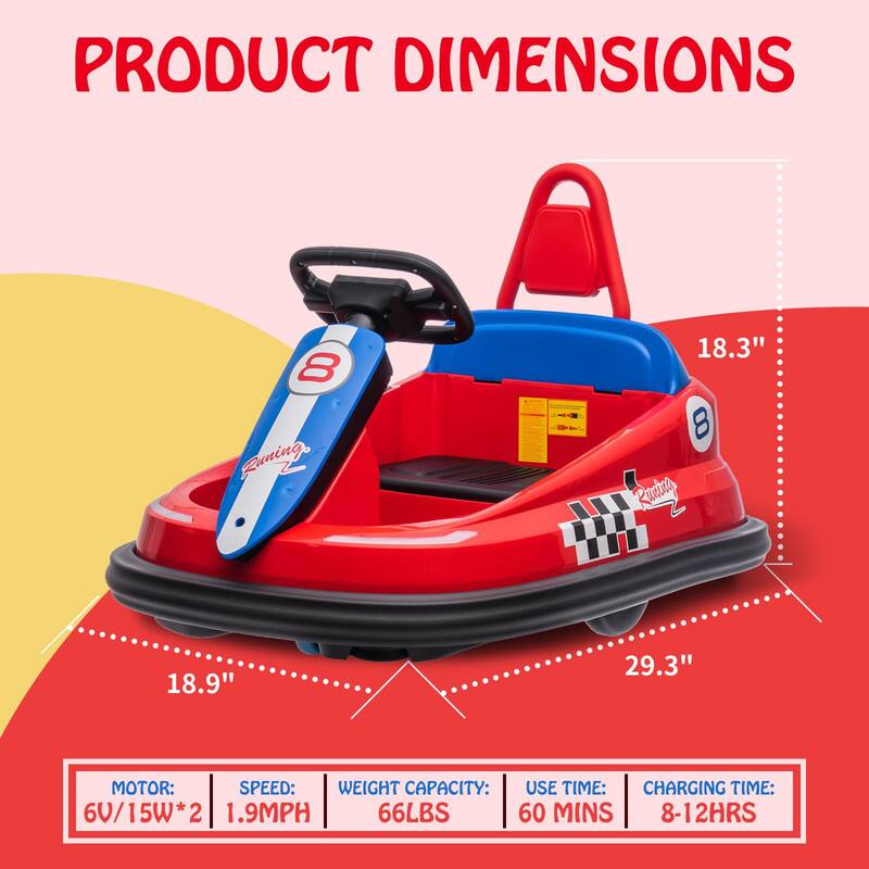 PRODUCT DIMENSIONS

- Zuning: 18.3"
- Raing: 18.9" x 29.3"

MOTOR: 6V/15W*2  
SPEED: 1.9MPH  
WEIGHT CAPACITY: 66LBS  
USE TIME: 60 MINS  
CHARGING TIME: 8-12HRS
