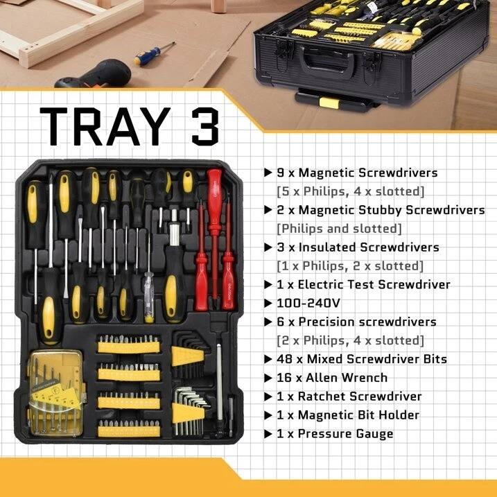 TRAY 3

- 9 x Magnetic Screwdrivers [5 x Philips, 4 x slotted]
- 2 x Magnetic Stubby Screwdrivers [Philips and slotted]
- 3 x Insulated Screwdrivers [1 x Philips, 2 x slotted]
- 1 x Electric Test Screwdriver 100-240V
- 6 x Precision screwdrivers [2 x Philips, 4 x slotted]
- 48 x Mixed Screwdriver Bits
- 16 x Allen Wrench
- 1 x Ratchet Screwdriver
- 1 x Magnetic Bit Holder
- 1 x Pressure Gauge