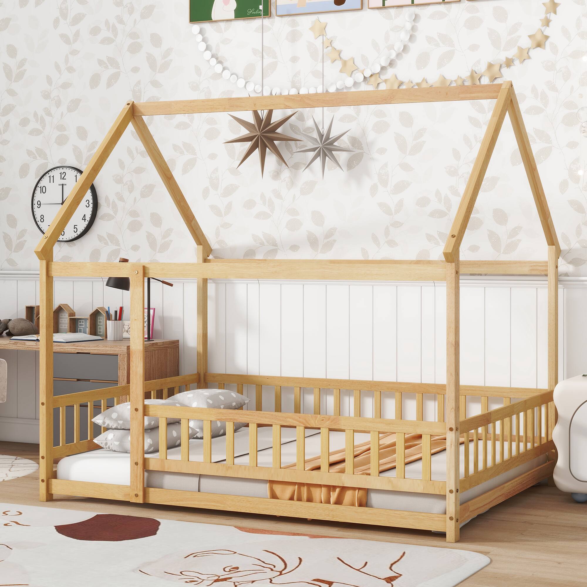 Angle. Tiramisubest - Full Size House Floor Wooden Bed with Roof Frame, Safety Guardrails,Natural - Natural.