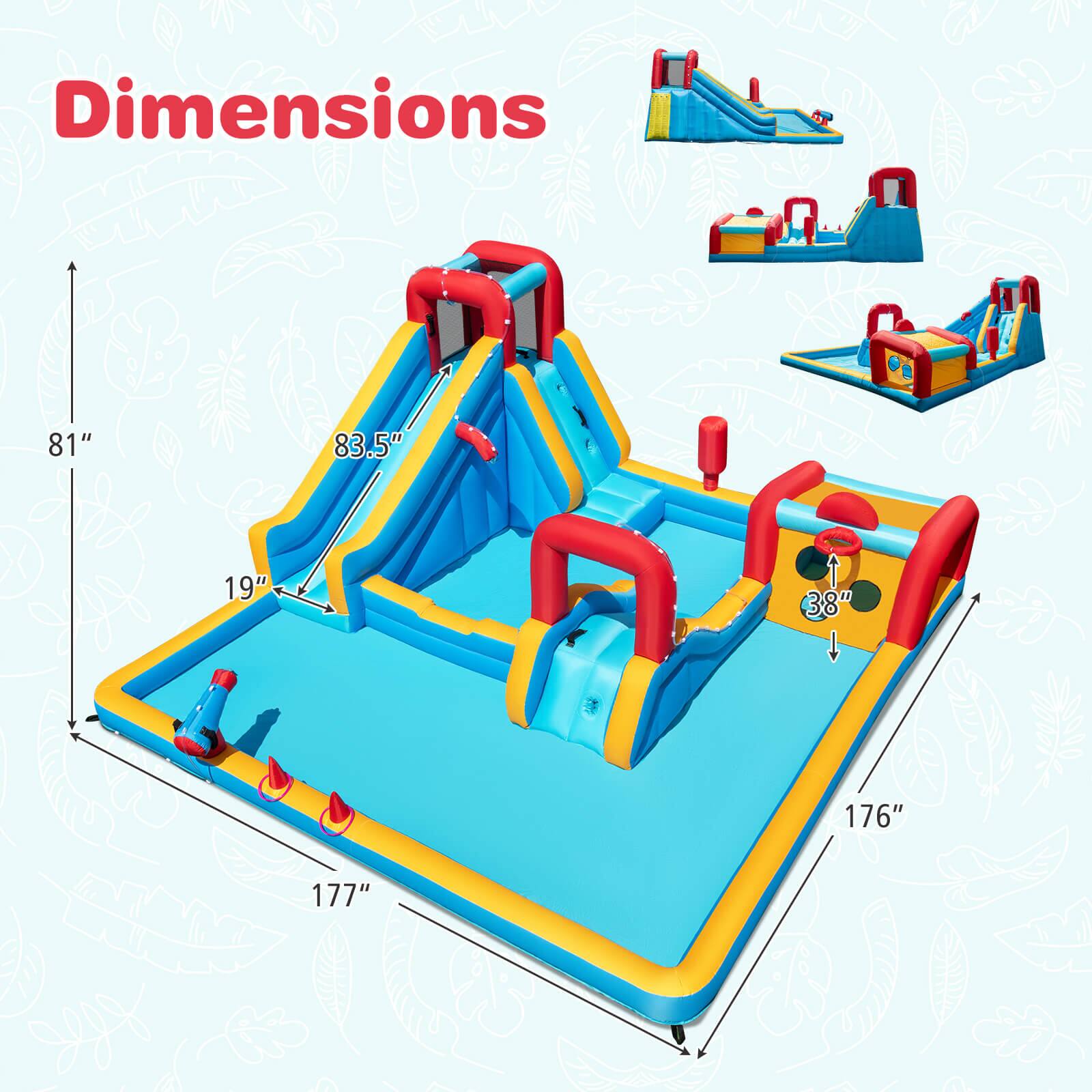 Dimensions:  
- Height: 81"  
- Slide Length: 83.5"  
- Width: 19"  
- Depth: 38"  
- Length: 176"  
- Width: 177"