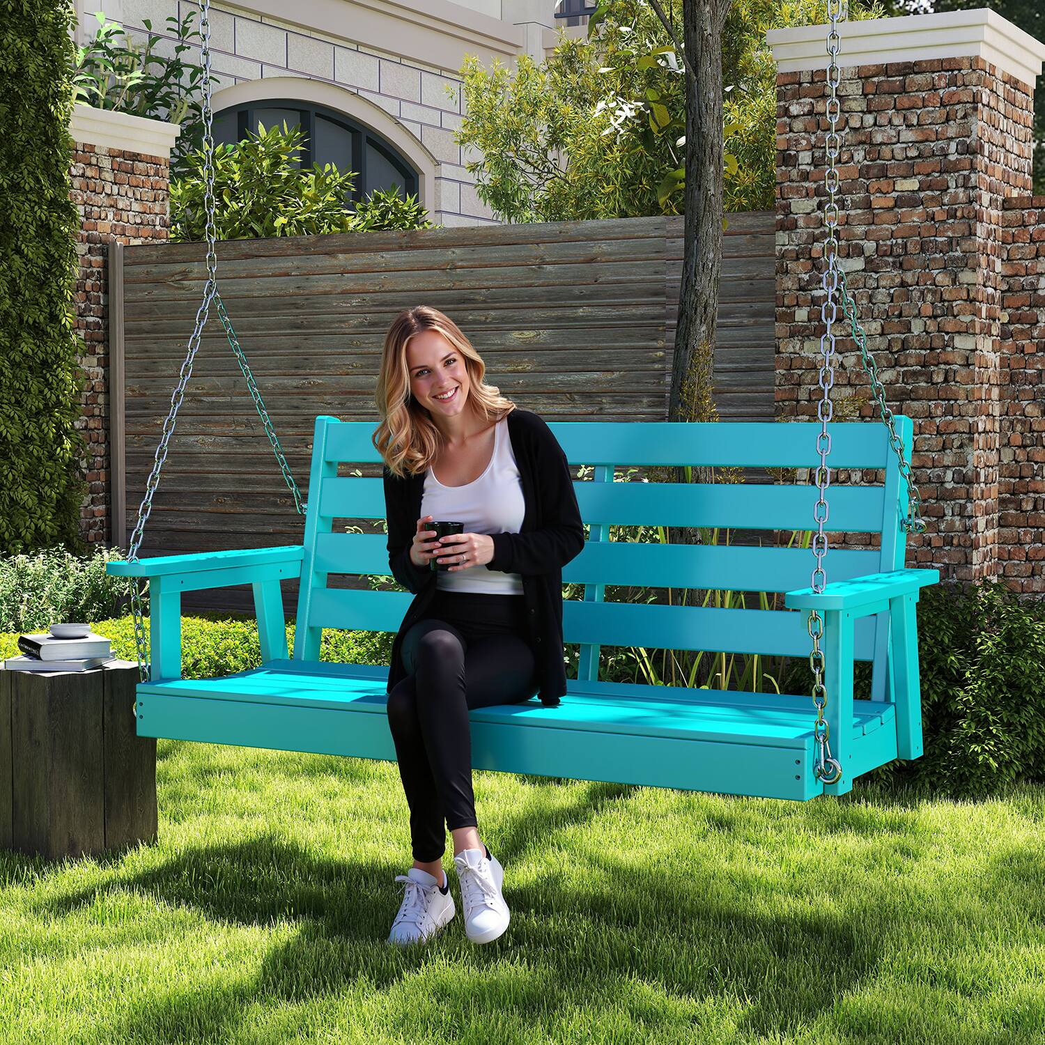 Alt View 4. FODINGHILL - 51" All Weather HDPE Porch Swing, Waterproof Outdoor Patio Bench Swing with 4 Stainless Steel Chains - Aqua.