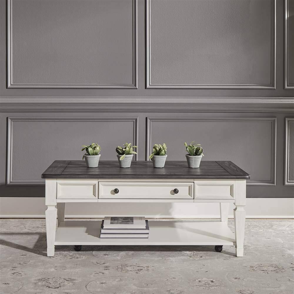 Angle. Liberty Furniture Industries - Allyson Park Rectangular Cocktail Table in Wirebrushed White w/ Charcoal Top - White.