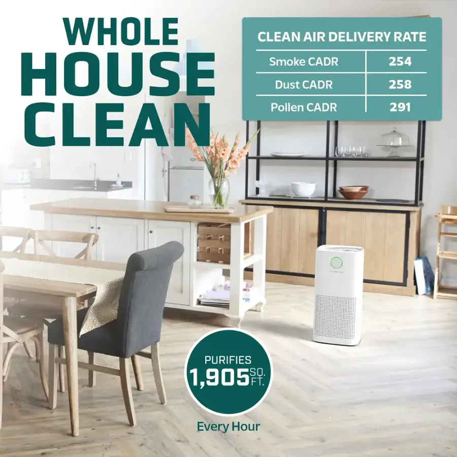 Whole Clean Air Delivery Rate: Smoke CADR 254, House Dust CADR 258, Pollen CADR 291. Clean Air System - Purifies 1,905 Sq. Ft. Every Hour.