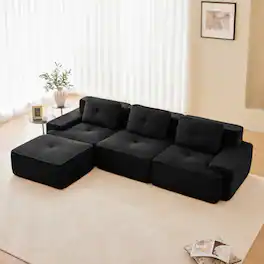 Anysun - 117" L-Shape Corduroy Sectional Sofa with Ottoman - 3-Seat Deep-Seat Couch, Pearl Piping, Tufted, No Assembly - Black