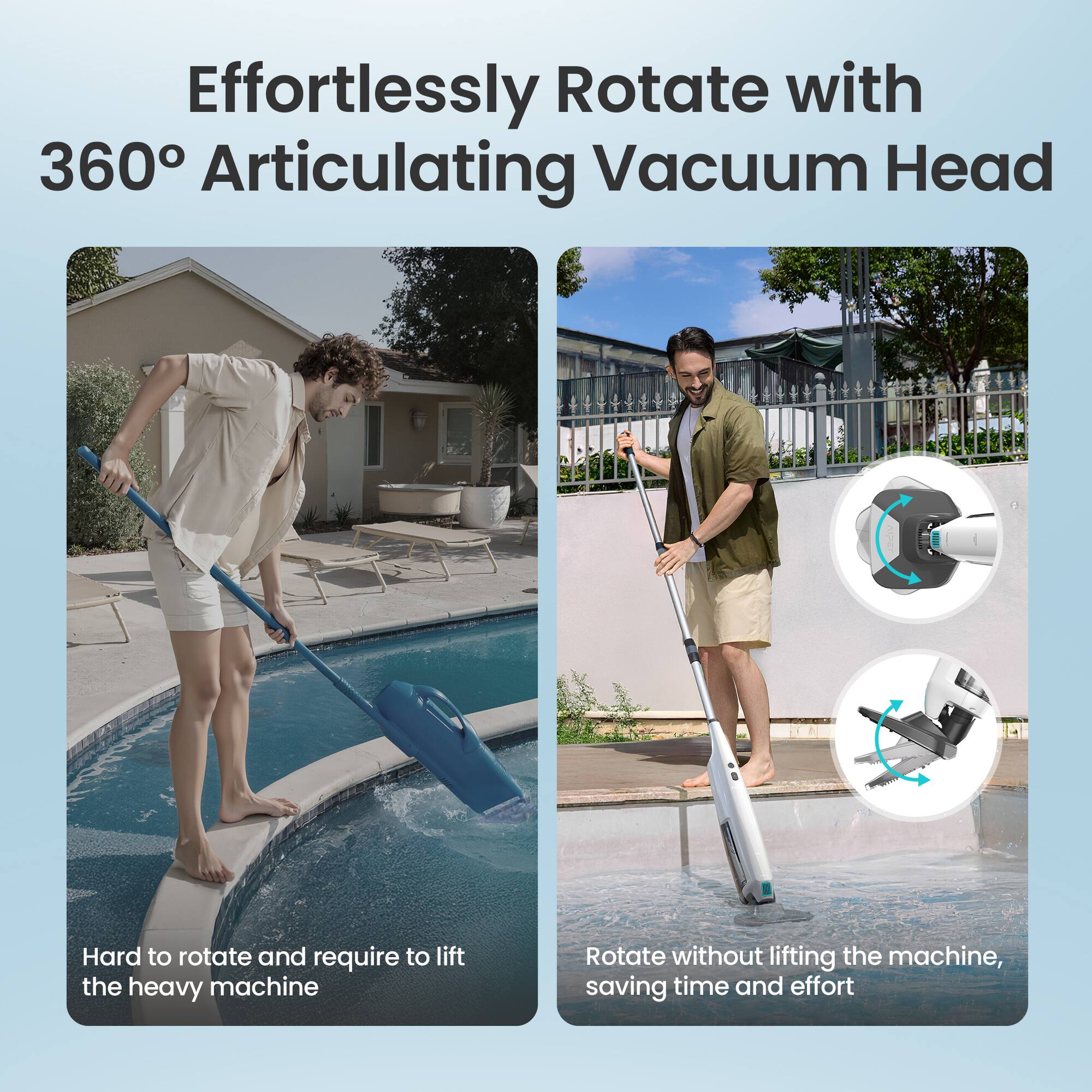 Effortlessly Rotate with 360° Articulating Vacuum Head

Hard to rotate and require to lift the heavy machine

Rotate without lifting the machine, saving time and effort