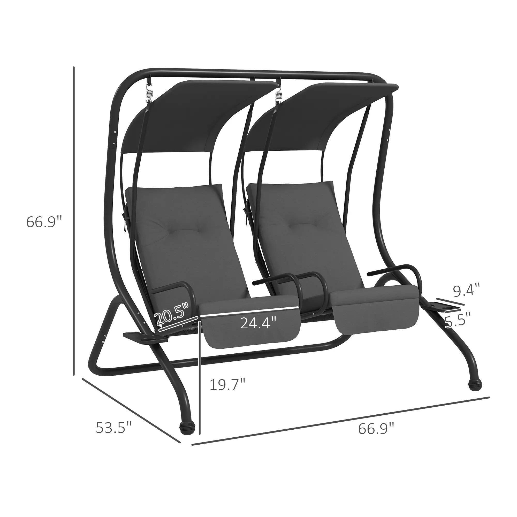 The dimensions of the swing are:

- Length: 66.9"
- Width: 20.5"
- Seat Height: 9.4"
- Seat Depth: 5.5"
- Seat Width: 24.4"
- Overall Height: 53.5"
- Overall Width: 66.9"