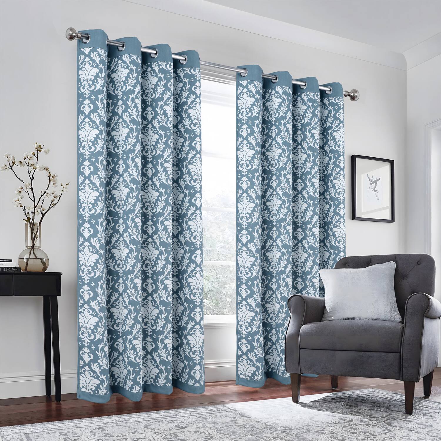 Angle. Olivia Gray - Olivia Gray 100% Polyester 190 GSM Cressida Reversible Blackout Grommet Curtain Panel 54" x 90" Blue - Blue.
