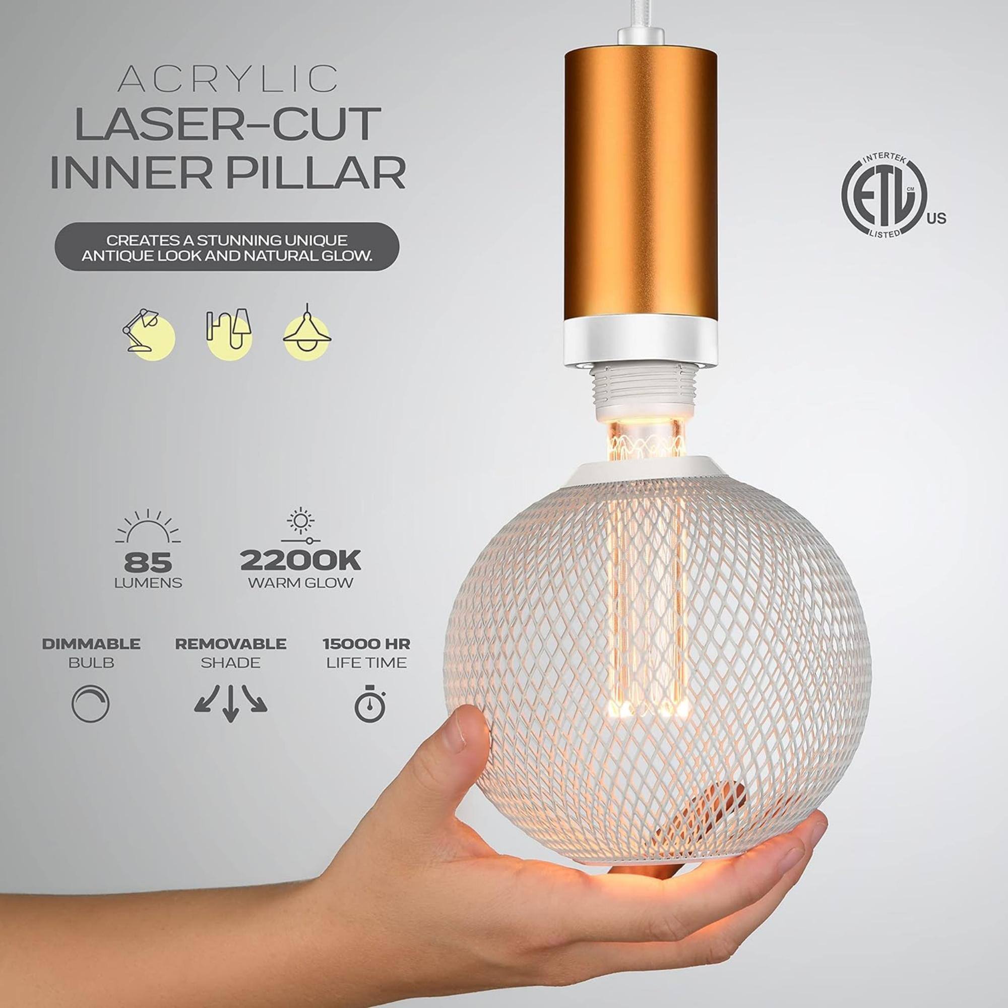 ACRYLIC LASER-CUT INNER PILLAR CREATES A STUNNING UNIQUE ANTIQUE LOOK AND NATURAL GLOW. INTERTEK ETL LISTED 85 LUMENS 2200K WARM GLOW DIMMABLE REMOVABLE SHADE 15000 HR BULB LIFE TIME
