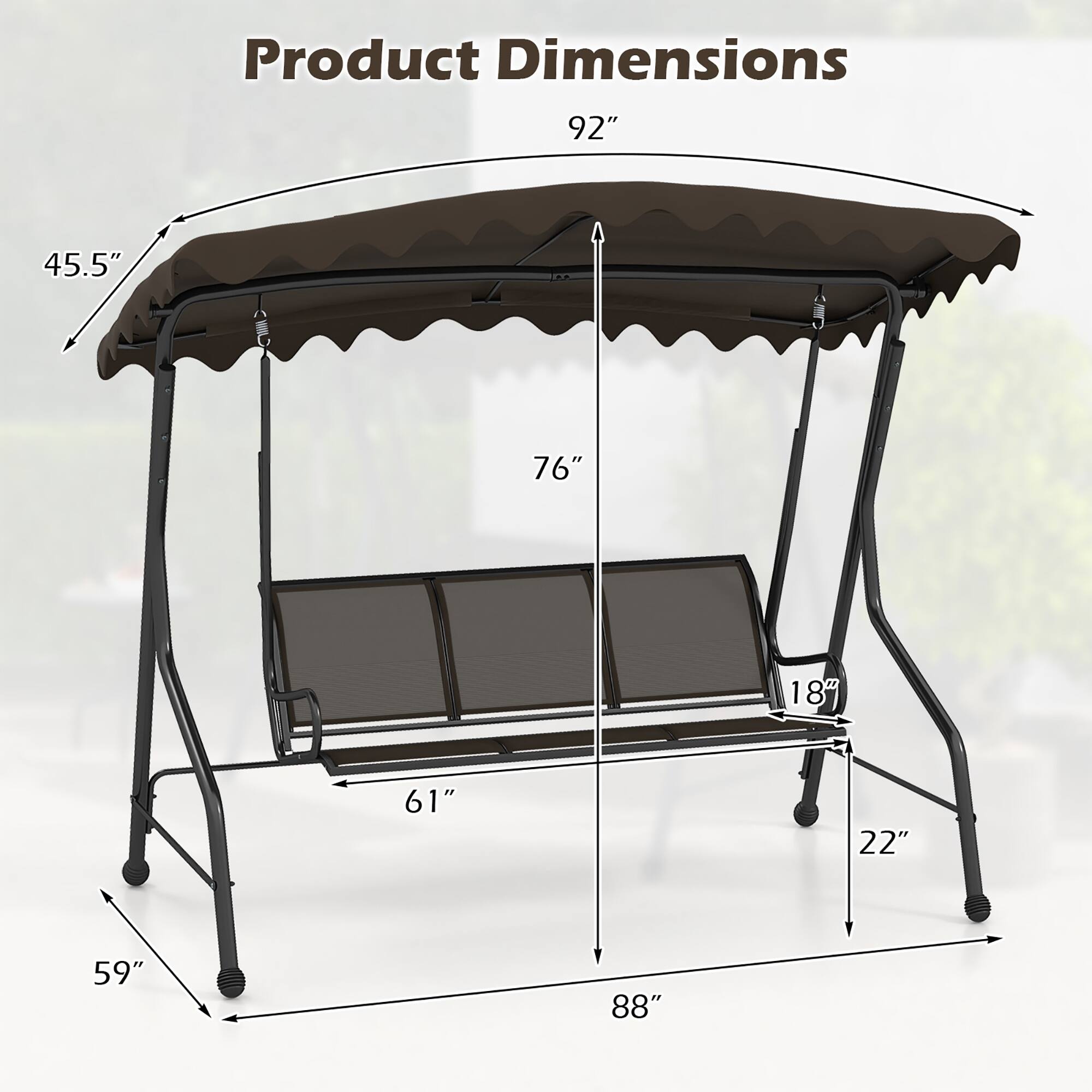 Alt View 2. Gymax - Gymax 3-Seat Outdoor Swing Porch Canopy Swing w/ Adjustable Shading Breathable Seat - Brown.