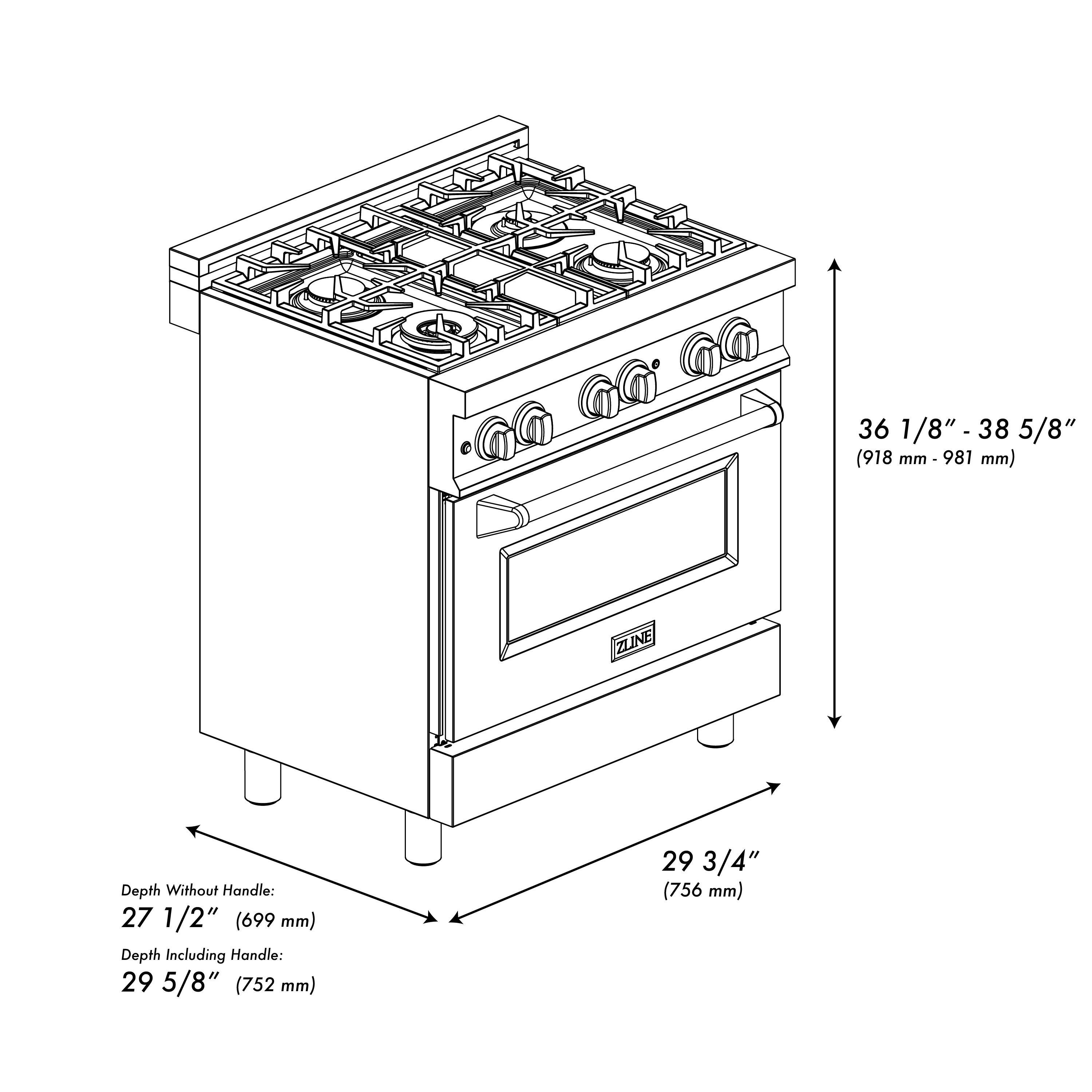 The text on the image states that the oven is 36 1/8" - 38 38 5/8" (918 mm - 981 mm) in size. The depth without the handle is 27 1/2" (699 mm), and including the handle, it is 29 5/8" (752 mm) or 29 3/4" (756 mm) in depth.