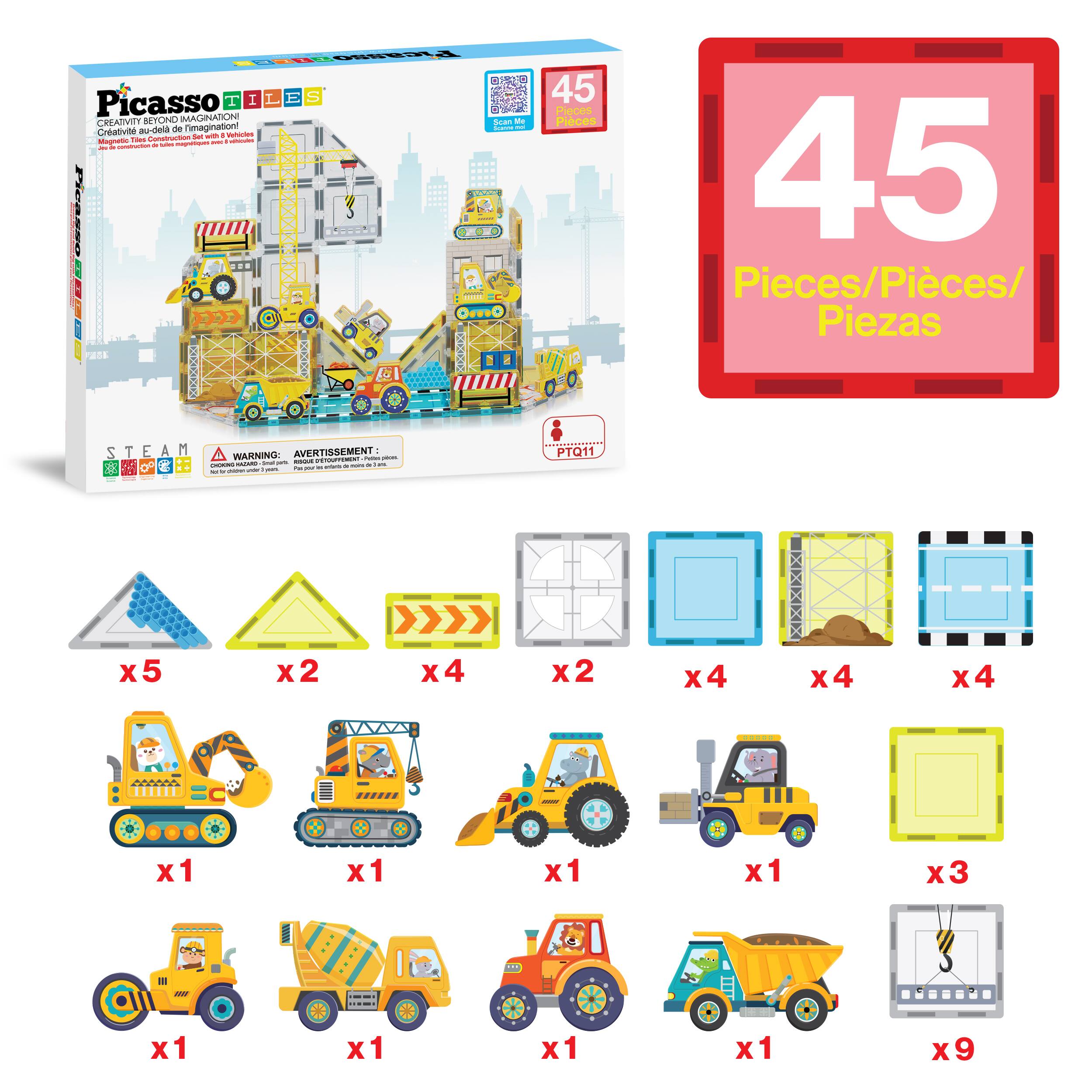 Picasso Tiles  
Creativité au-delà de l'imagination  
Magnetique. Tous les blocs magnétiques sont interchangeables.  
Scan de Pieces de Imaginationi | - Crlalivit au-dela Sgr da - V Mugroim Toes - - - - - - - - O 7 3000D NGHOIO OCED 1 a V EI . 45 Pieces/Pieces/ Piezas  

45  
Pieces/Pieces/Piezas  

WARNING AVERTISSEMENT:  
CHOKING HAZARD - Small parts. Not for children under 3 years.  
AVERTISSEMENT:  
Peligro de asfixia - Piezas pequeñas. No es adecuado para niños menores de 3 años.  

PT011  

x5  
x2  
x4  
x2  
x4  
x4  
x1  
x1  
x1  
x1  
x3  
x1  
x1  
x1  
x1  
x9