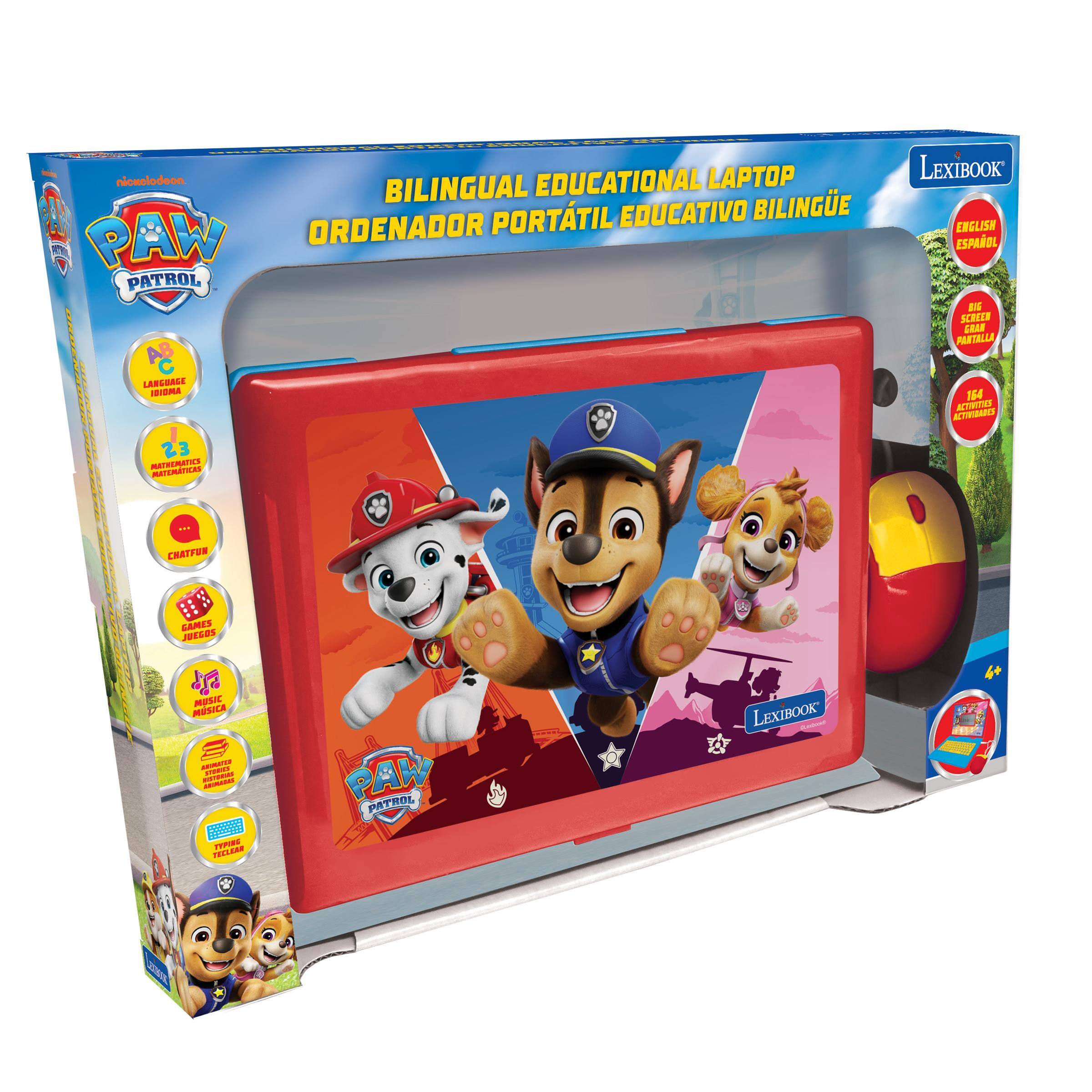 ANDERI POLISTE MORTHFO nickelodeon BILINGUAL EDUCATIONAL LAPTOP PORTATIL EDUCATIVO BILINGUE PAW ORDENADOR PATROL AB C LANGUAGE JOIOMA 23 MATHEMATICS MATEMATICAS MAT
LEXIBOOK ENGLISH ESPAÑOL BIG SCREEN GRAN PANTALLA 164 ACTIVITIES ACTIVIDADES
CHATFUN
GAMES JUEGOS
MUSICA MUSIC BROMISTED STORIOS RISTERIAS ANIMADOS AMPROYING TECLEAR TYPING
PAW PATROL
LEXIBOOK SLANDAND