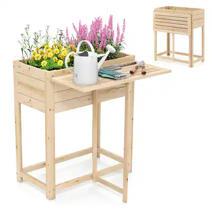 Front. Gymax - Gymax Wooden Raised Garden Bed w/ Legs Foldable Side Table Drainage for Flower Herb - Yellow.