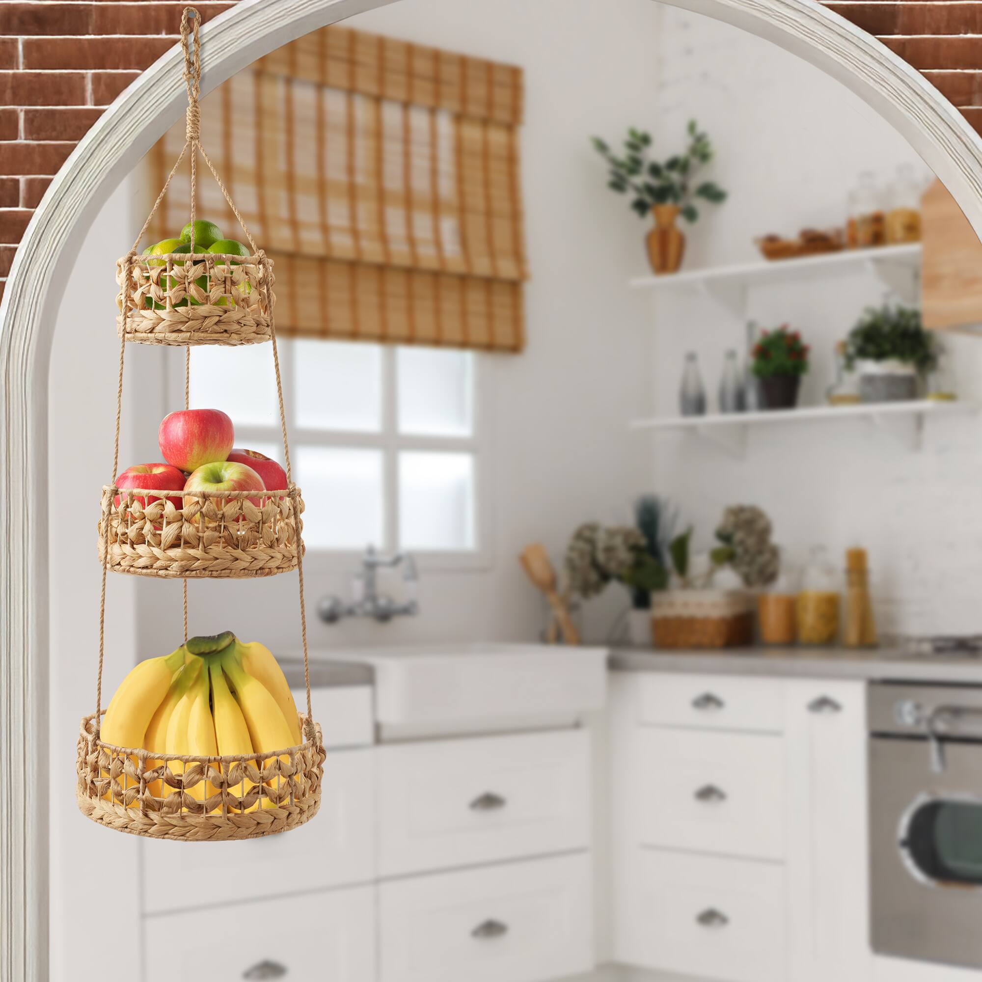 Alt View 1. Casafield - 3-Tier Hanging Fruit Baskets Vertical Woven Kitchen Storage Organizer - Natural - Hyacinth.
