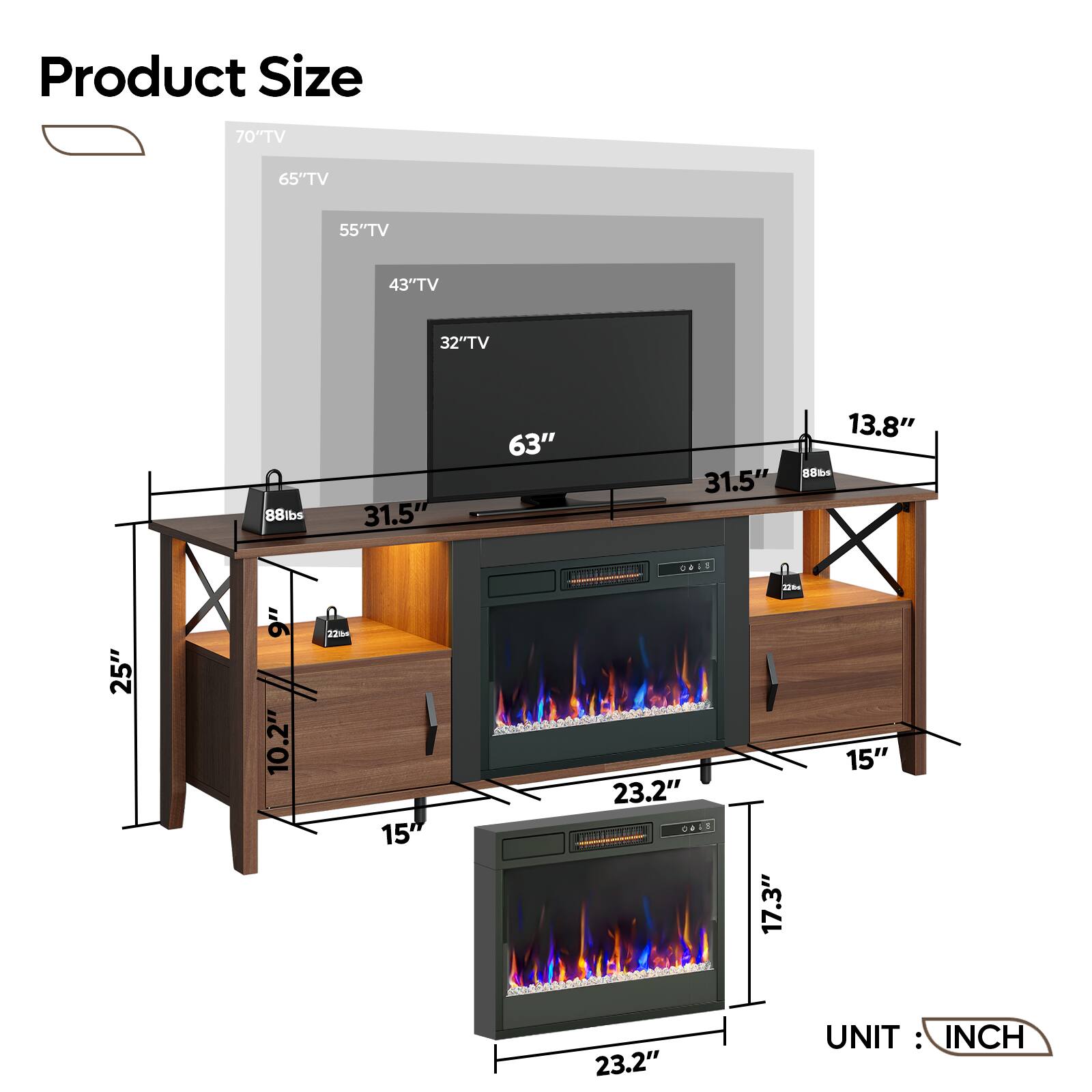 Product Size:

* 70" TV
* 65" TV
* 55" TV
* 43" TV
* 32" TV
* 88 lbs
* 31.5"
* 63"
* 31.5"
* 13.8"
* B 25"
* 9"
* 10.2"
* 23%4
* 15 O443
* 1 LEL B
* 23.2"
* Ki4o - T - 17.3"
* 15"
* 23.2"

UNIT: INCH