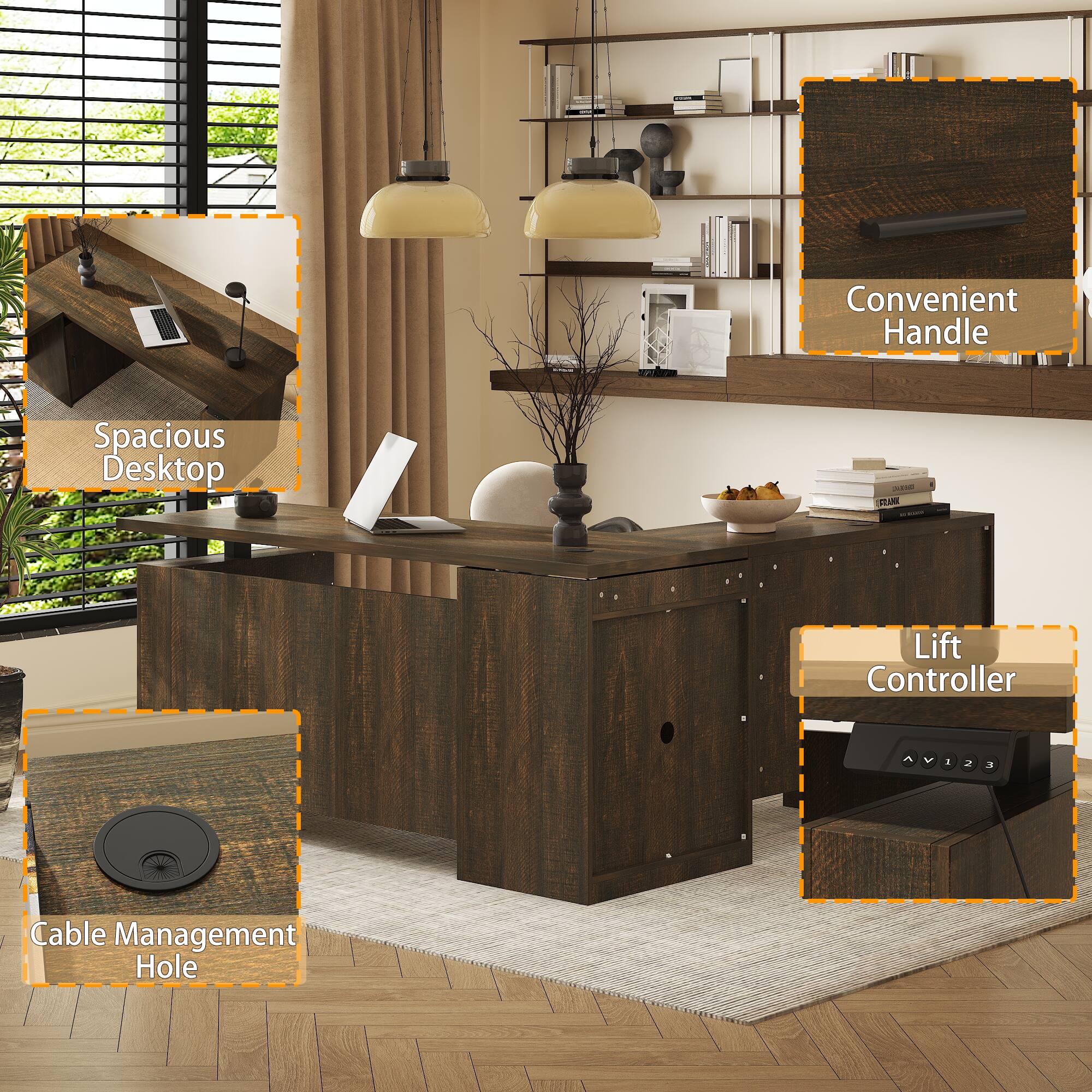 I Convenient Handle, Spacious Desktop, Lift Controller, Cable Management Hole